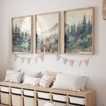 Bear Family Prints, Forest Animals in Woodland Nursery, Boys Room Decor - WildfieldPrints
