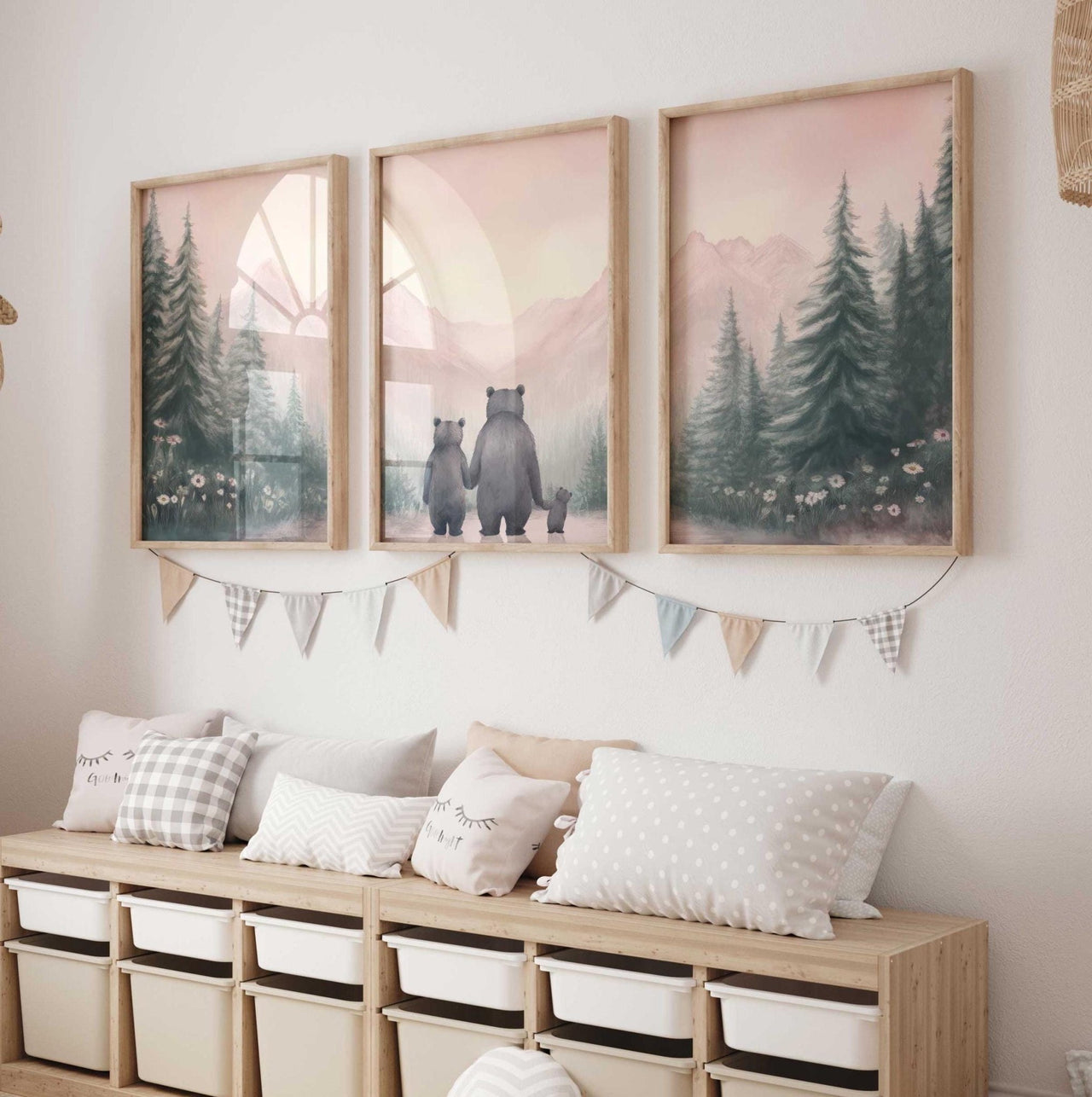 Bear Family Wall Art – Animal Nursery Print for Girls • Set of 3