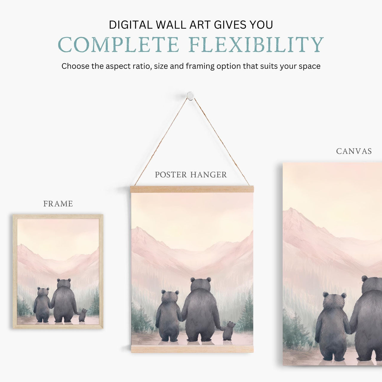 Bear Family Wall Art – Animal Nursery Print for Girls • Set of 3
