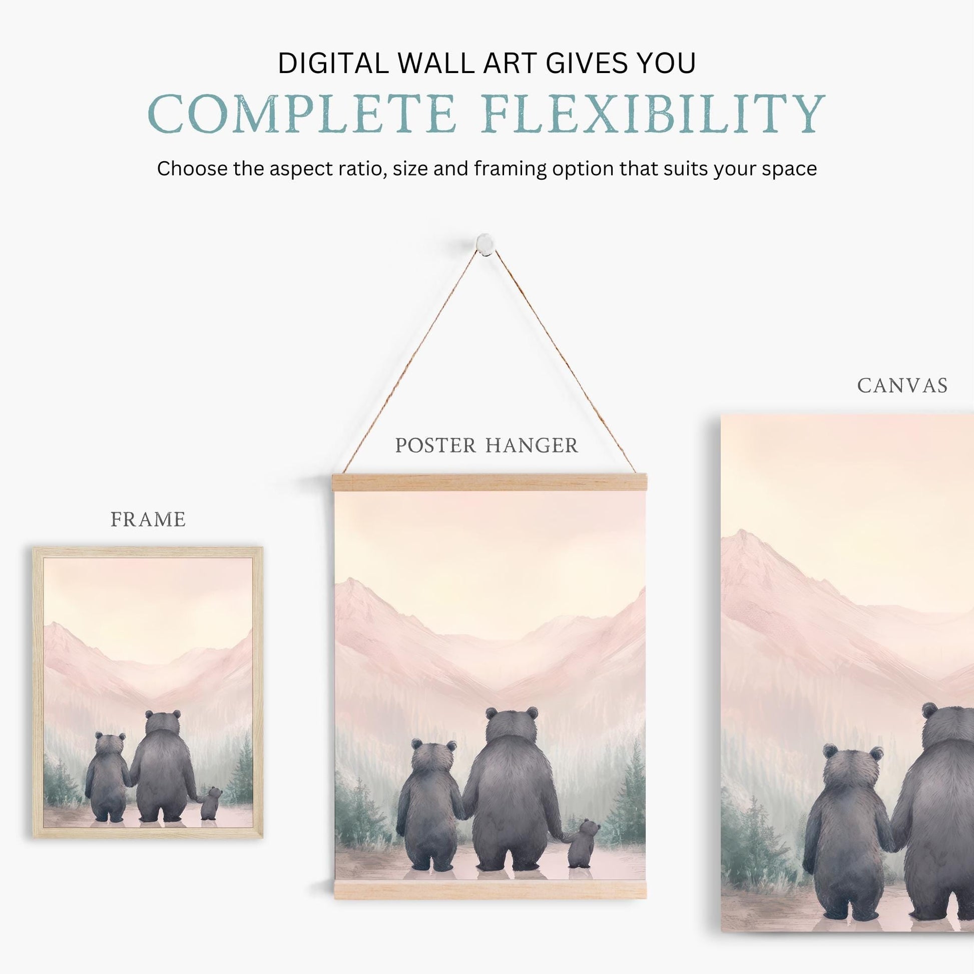 Bear Family Prints, Girl Nursery Decor, Animal Portrait Collection - WildfieldPrints