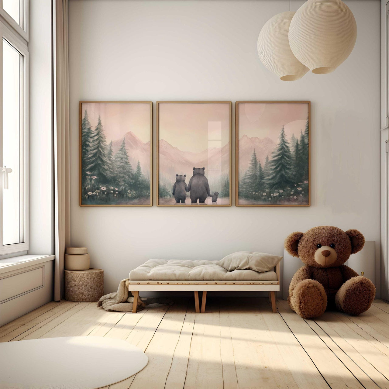Bear Family Wall Art – Animal Nursery Print for Girls • Set of 3