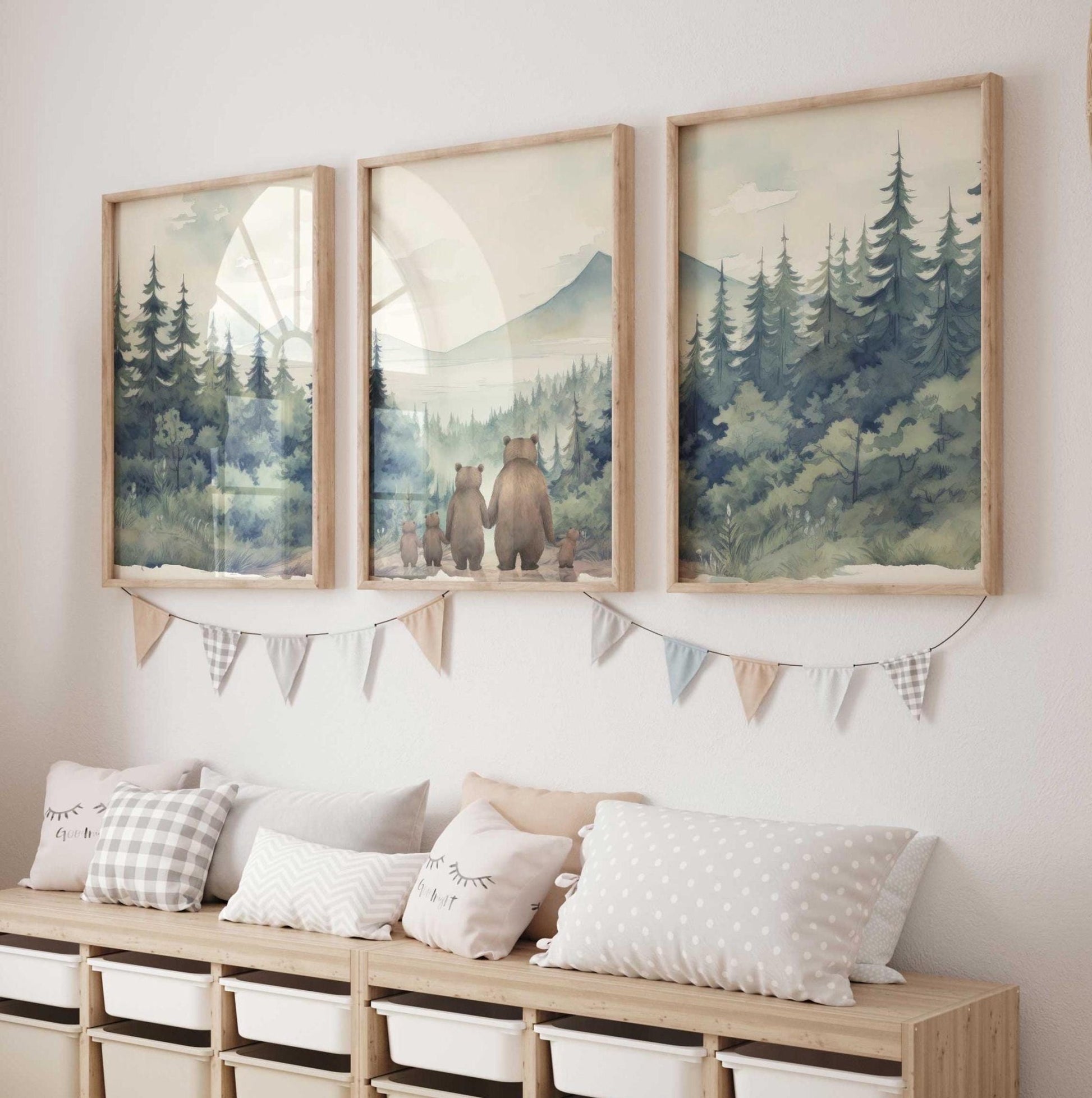 Bear Family Prints, Vintage Nursery Decor, Family of Five - WildfieldPrints