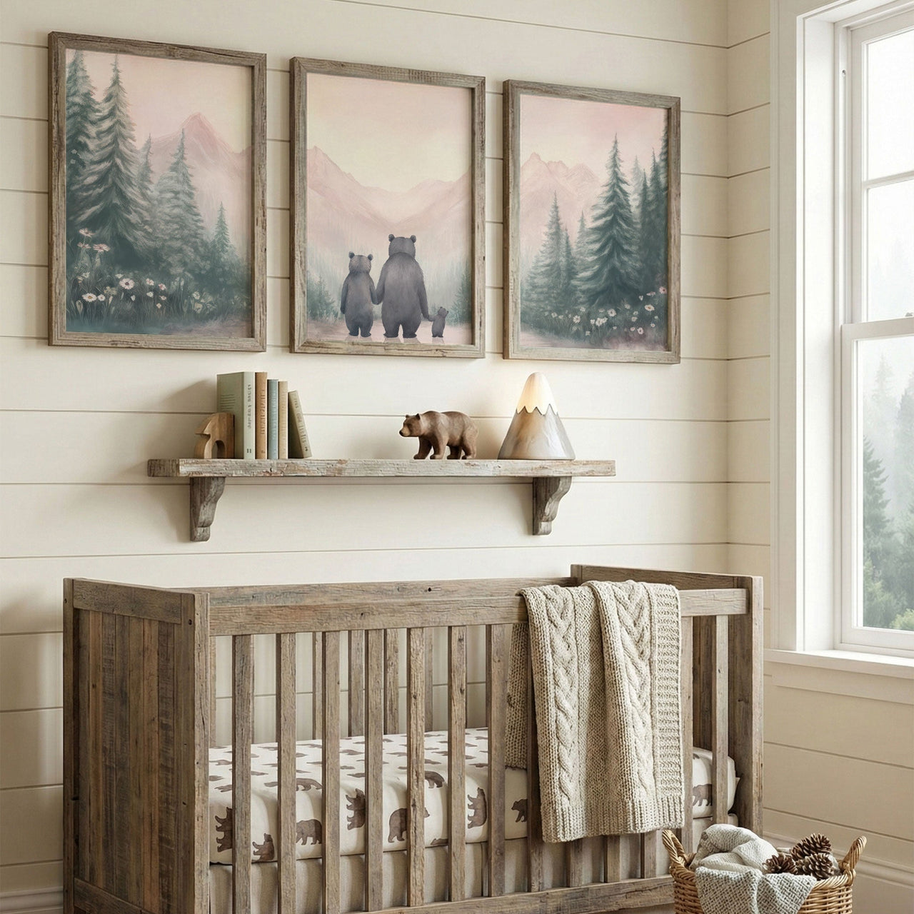 Bear Family Wall Art – Animal Nursery Print for Girls • Set of 3
