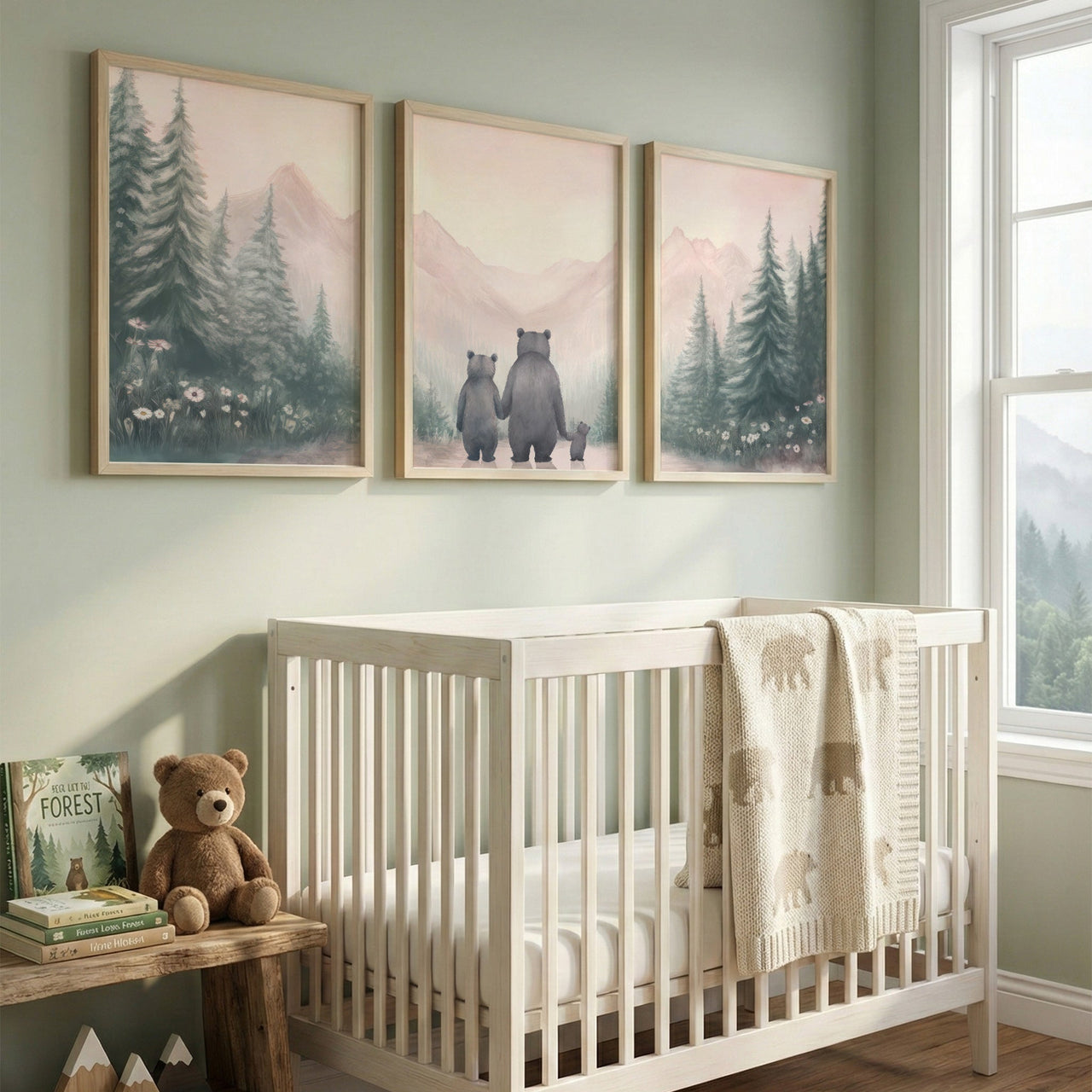 Bear Family Wall Art – Animal Nursery Print for Girls • Set of 3