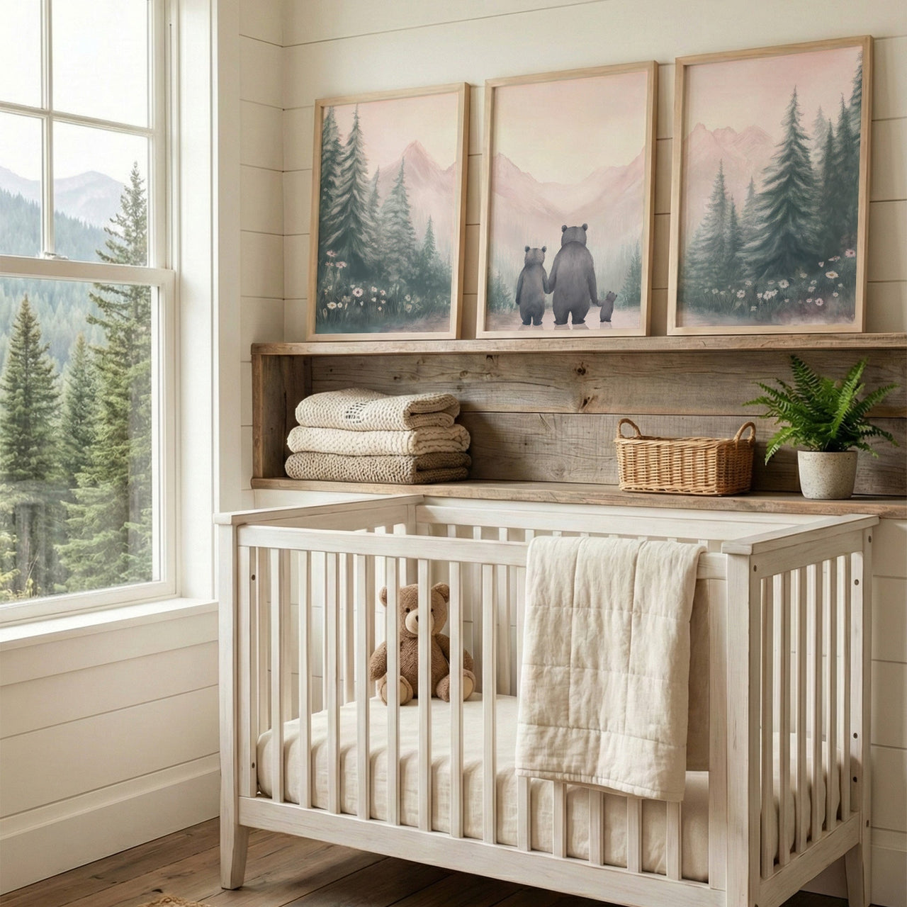 Bear Family Wall Art – Animal Nursery Print for Girls • Set of 3