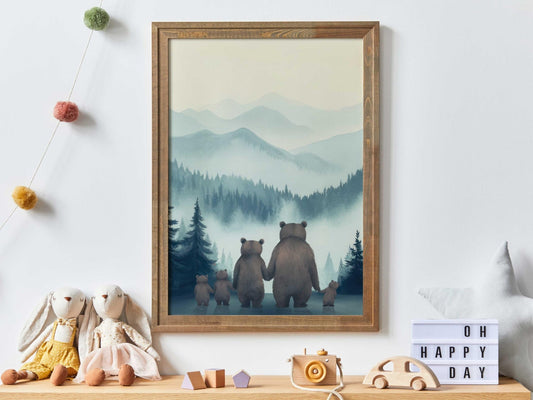 Bear Family Wall Art, Woodland Animal Decor, Family of 5 Portrait - WildfieldPrints