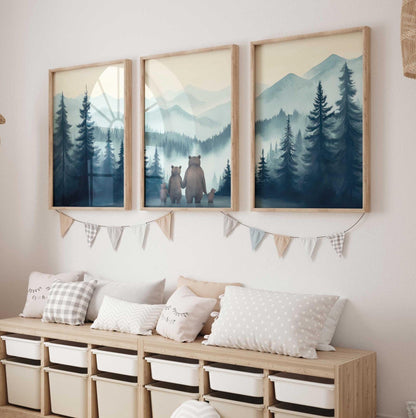 Bear Family Wall Art, Woodland Animal Portraits, Boys Room Decor - WildfieldPrints