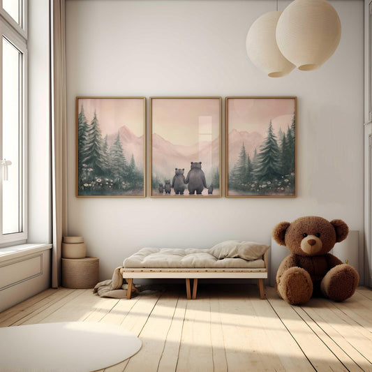 Bear Family Wall Art, Woodland Decor for Girls Room, Animal Prints - WildfieldPrints