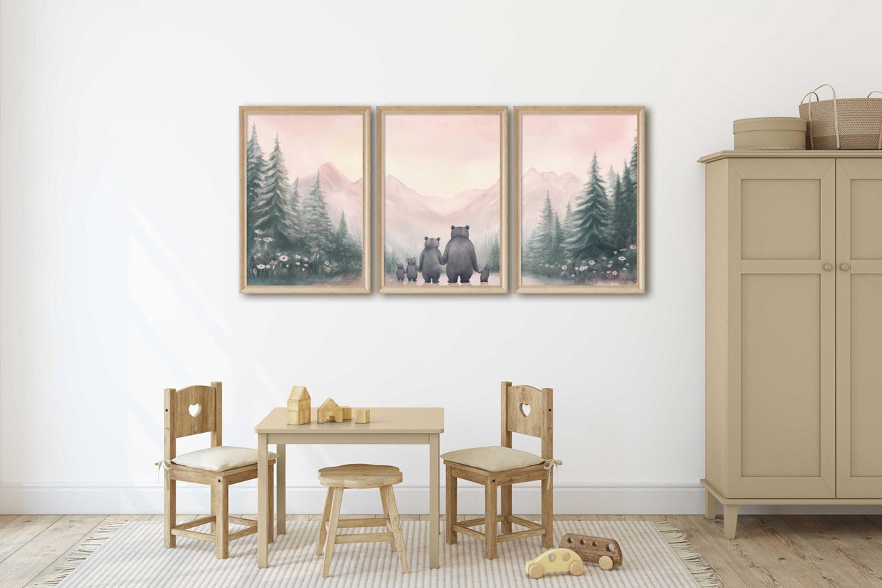 Bear Family Wall Art – Woodland Nursery Print for Girls Room • Set of 3