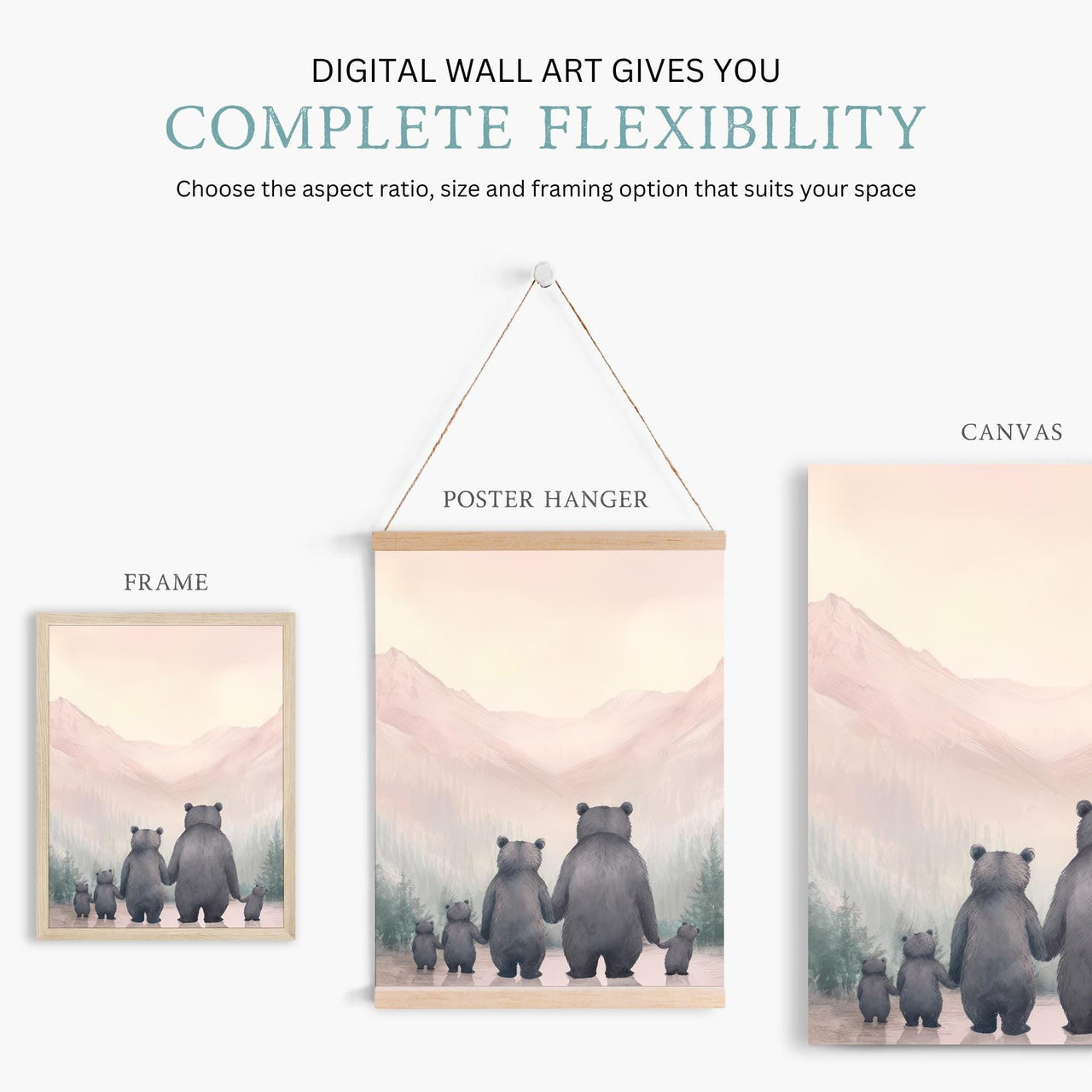 Bear Family Wall Art – Woodland Nursery Print for Girls Room • Set of 3