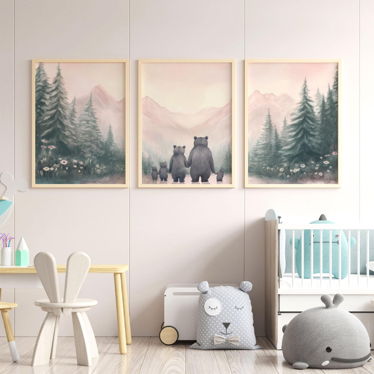 Bear Family Wall Art – Woodland Nursery Print for Girls Room • Set of 3