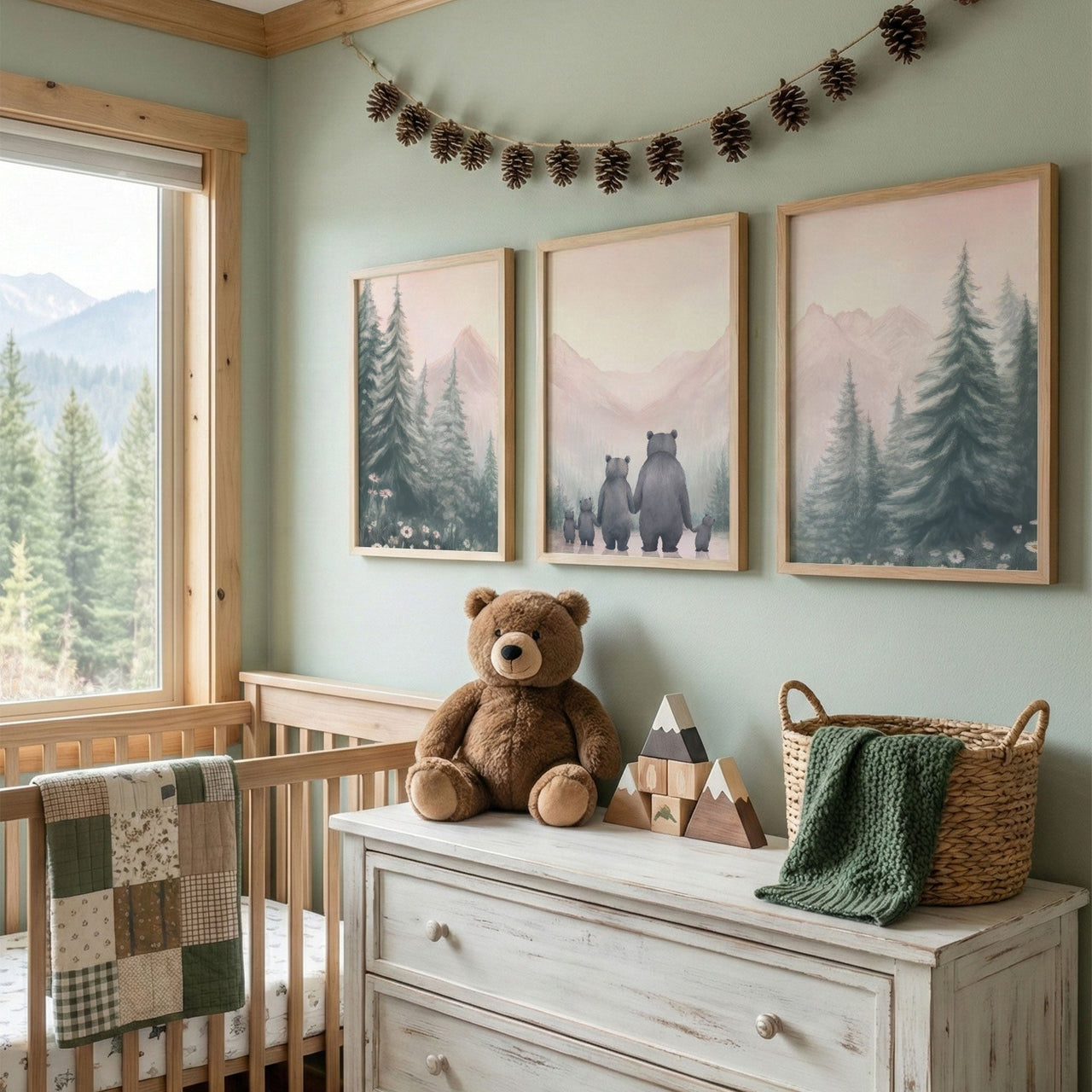 Bear Family Wall Art – Woodland Nursery Print for Girls Room • Set of 3