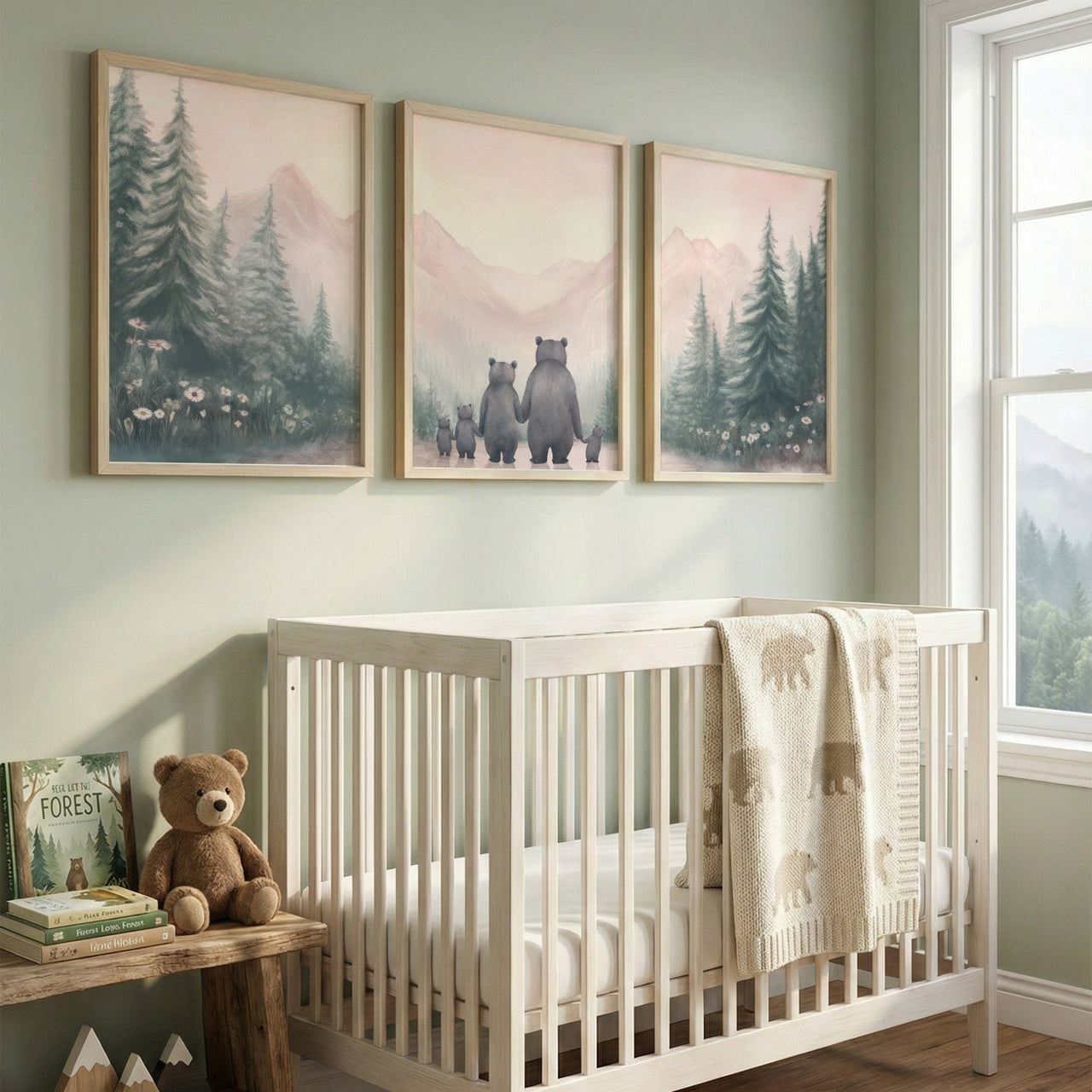 Bear Family Wall Art – Woodland Nursery Print for Girls Room • Set of 3