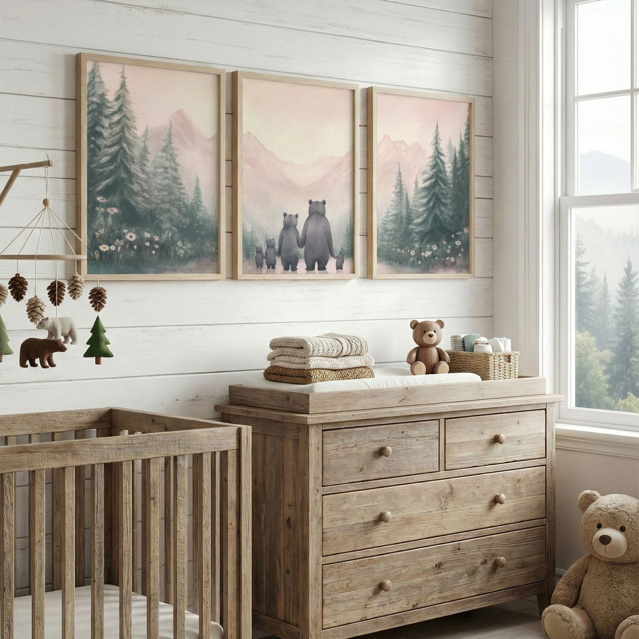 Bear Family Wall Art – Woodland Nursery Print for Girls Room • Set of 3