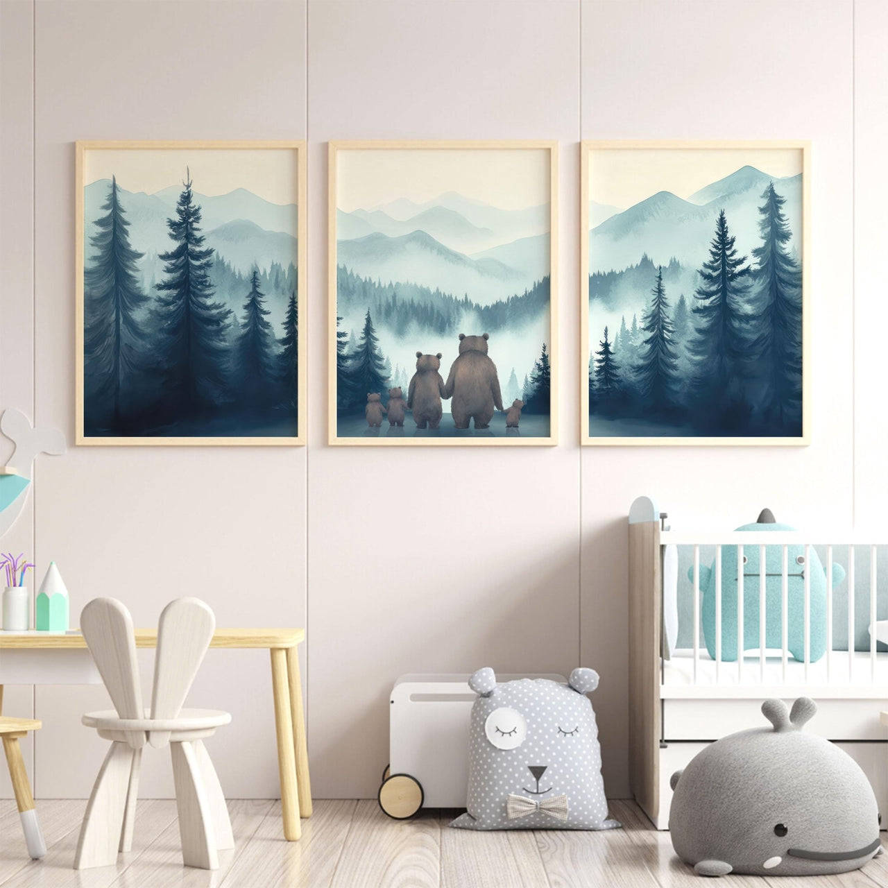 Bear Family Wall Art – Woodland Nursery Print • Set of 3