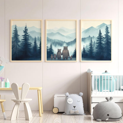 Bear Family Wall Decor, Woodland Animal Portrait, Nursery Decor - WildfieldPrints