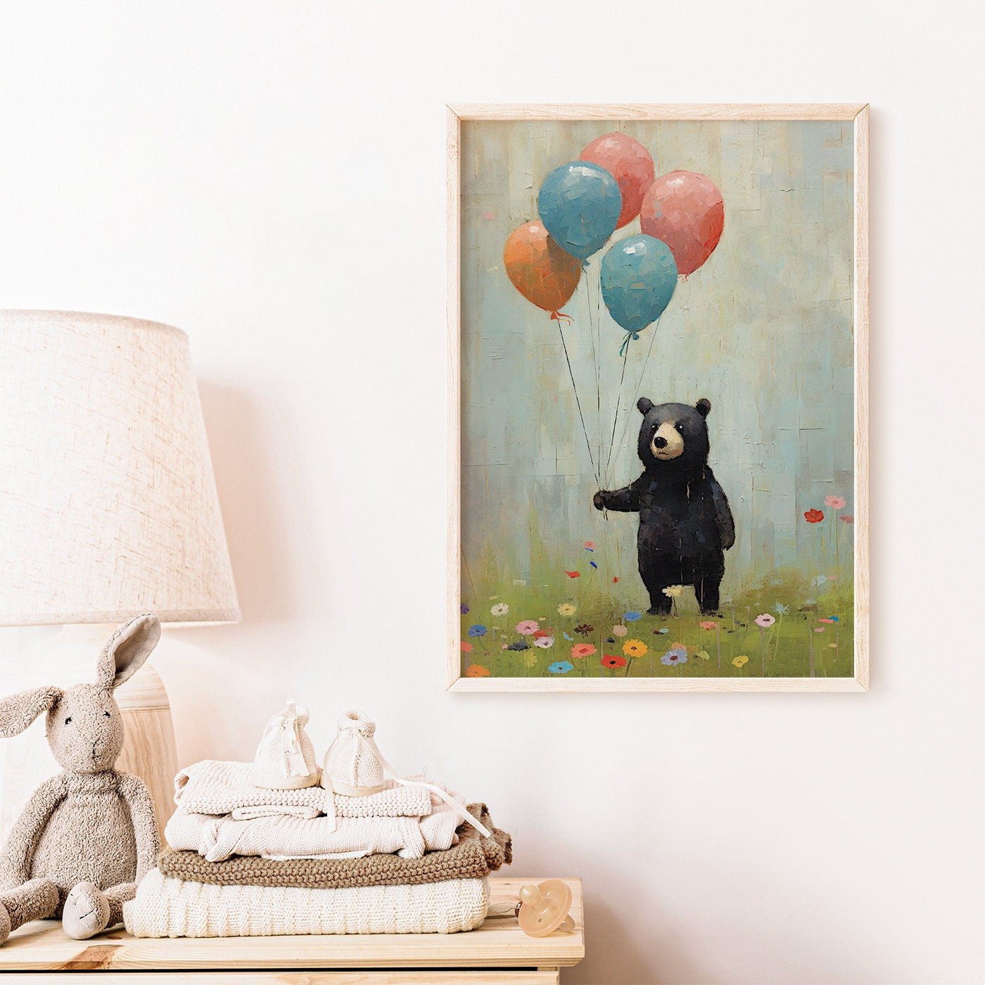 Bear Holding Balloons, Vintage Nursery Wall Art, Woodland Animal Decor - WildfieldPrints