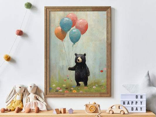Bear Holding Balloons, Vintage Nursery Wall Art, Woodland Animal Decor - WildfieldPrints