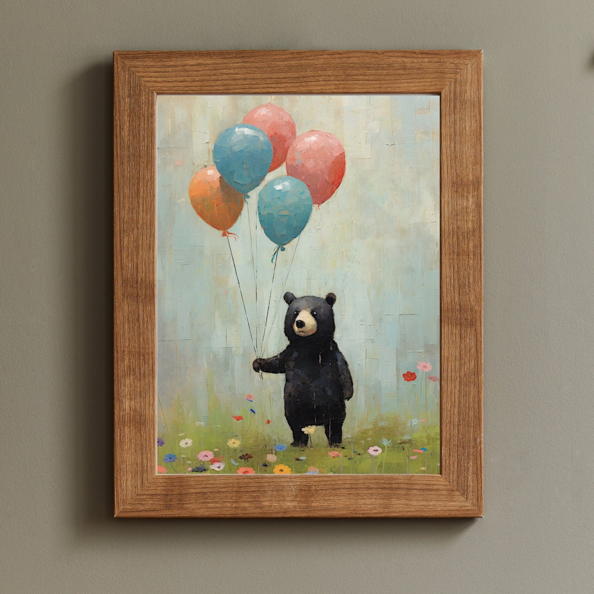 Bear Holding Balloons, Vintage Nursery Wall Art, Woodland Animal Decor - WildfieldPrints