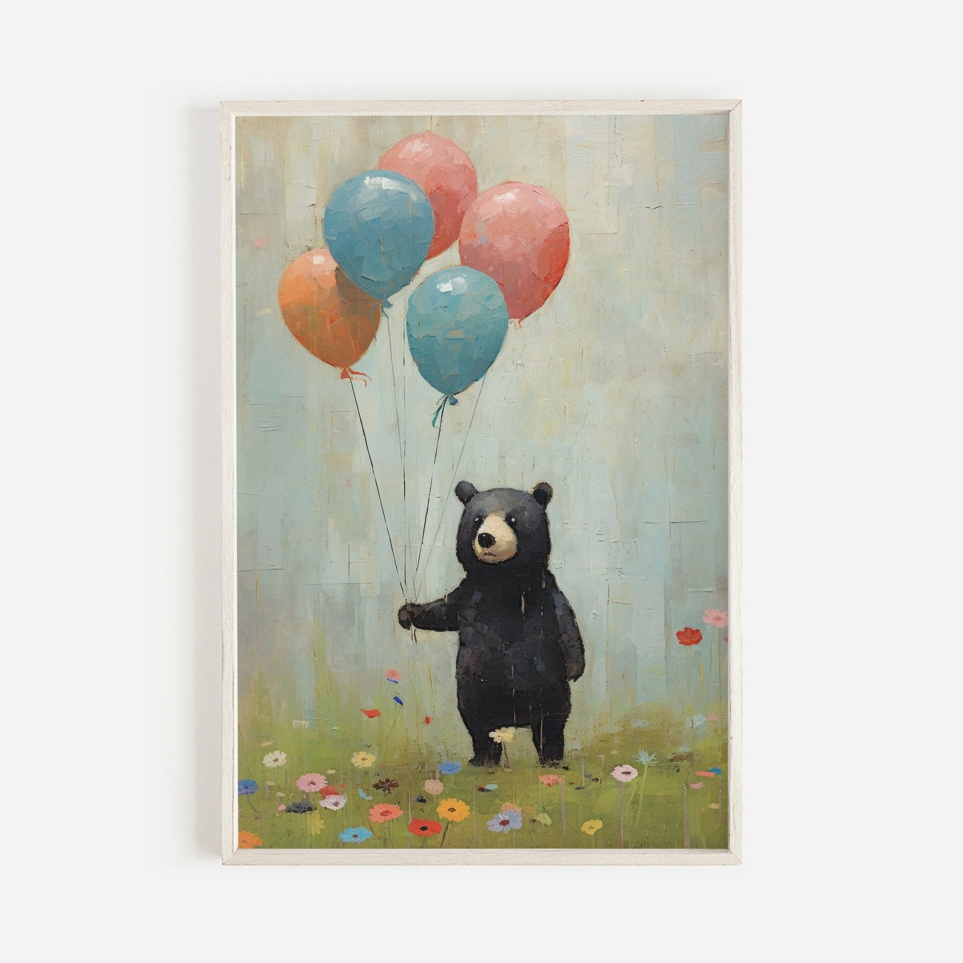 Bear Holding Balloons, Vintage Nursery Wall Art, Woodland Animal Decor - WildfieldPrints