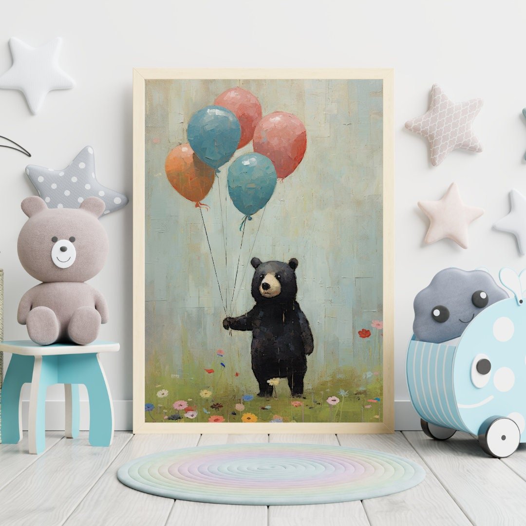 Bear Holding Balloons, Vintage Nursery Wall Art, Woodland Animal Decor - WildfieldPrints