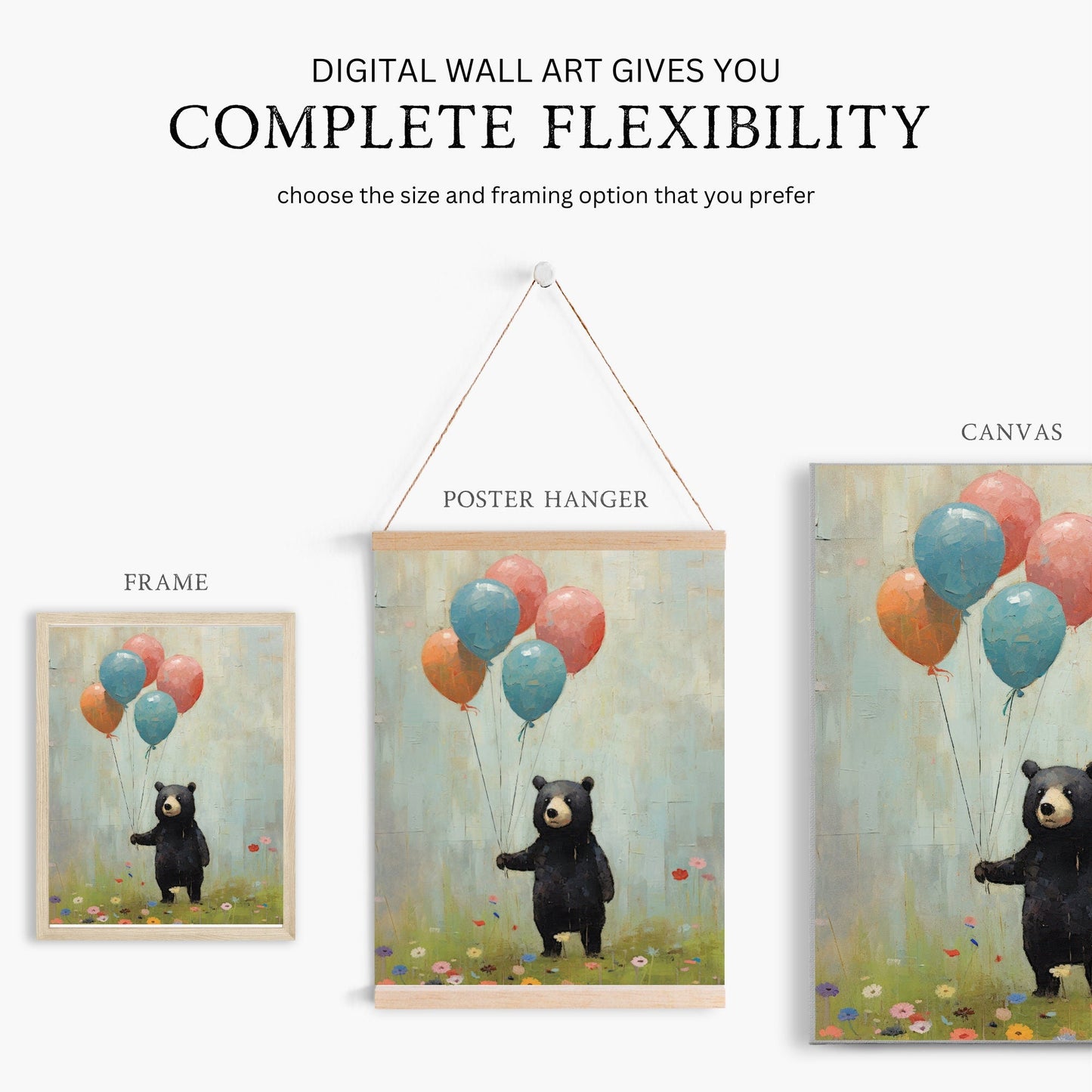 Bear Holding Balloons, Vintage Nursery Wall Art, Woodland Animal Decor - WildfieldPrints