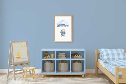 Bear in Parachute Nursery Print, Blue Hot Air Balloon Decor, Baby Gift - WildfieldPrints