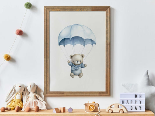 Bear in Parachute Nursery Print, Blue Hot Air Balloon Decor, Baby Gift - WildfieldPrints