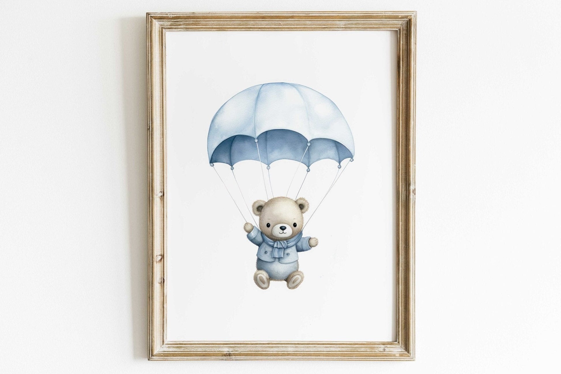 Bear in Parachute Nursery Print, Blue Hot Air Balloon Decor, Baby Gift - WildfieldPrints