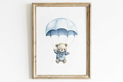 Bear in Parachute Nursery Print, Blue Hot Air Balloon Decor, Baby Gift - WildfieldPrints
