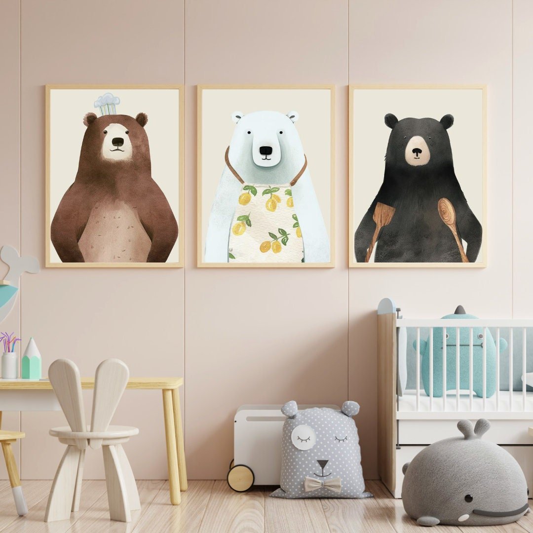 Bear Kitchen Wall Art – Animal Nursery Print • Set of 3
