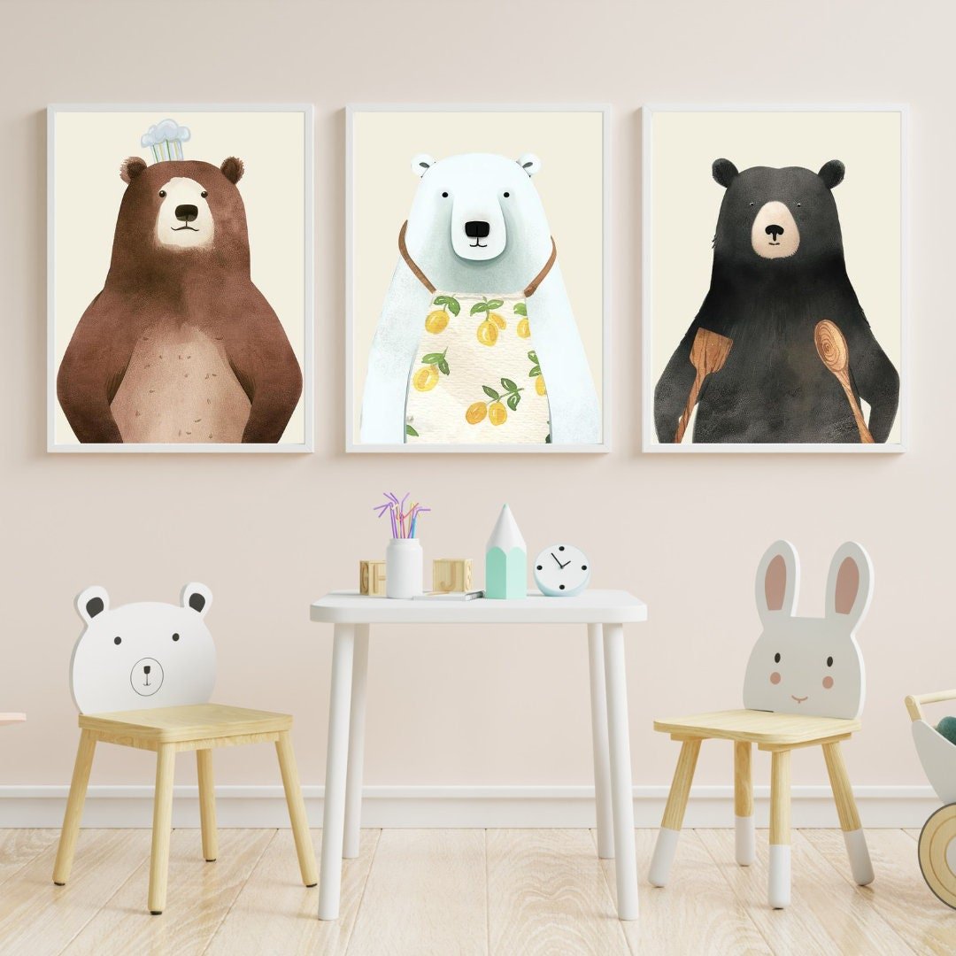 Bear Kitchen Wall Art – Animal Nursery Print • Set of 3