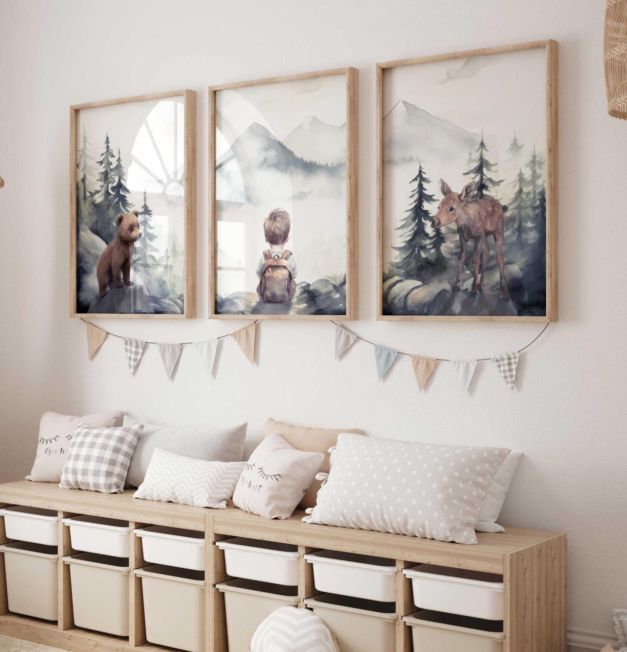 Bear & Moose Wall Art – Woodland Boys Room Print • Set of 3