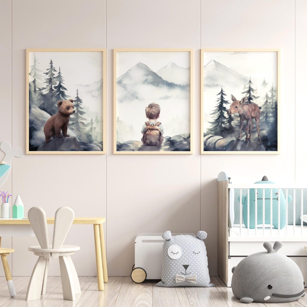 Bear & Moose Wall Art – Woodland Boys Room Print • Set of 3