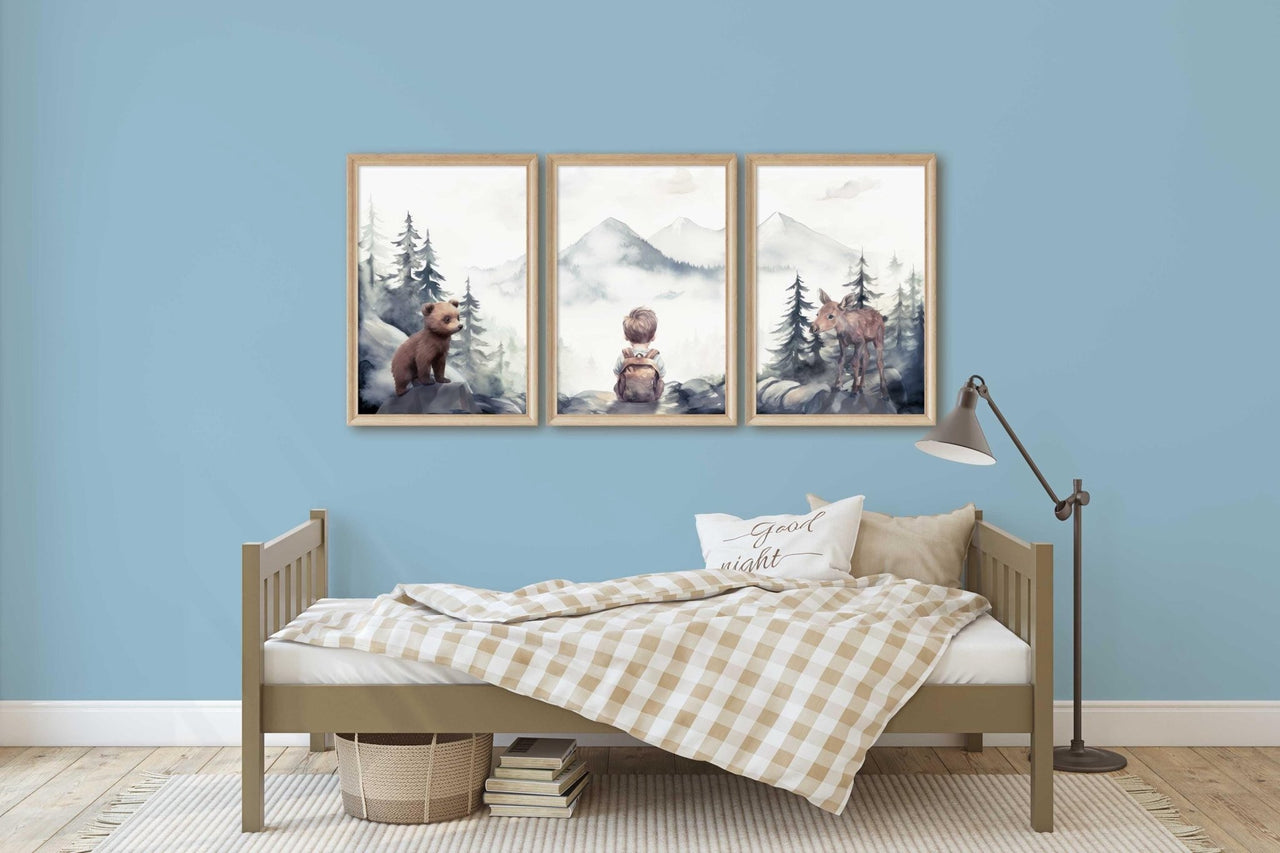 Bear & Moose Wall Art – Woodland Boys Room Print • Set of 3