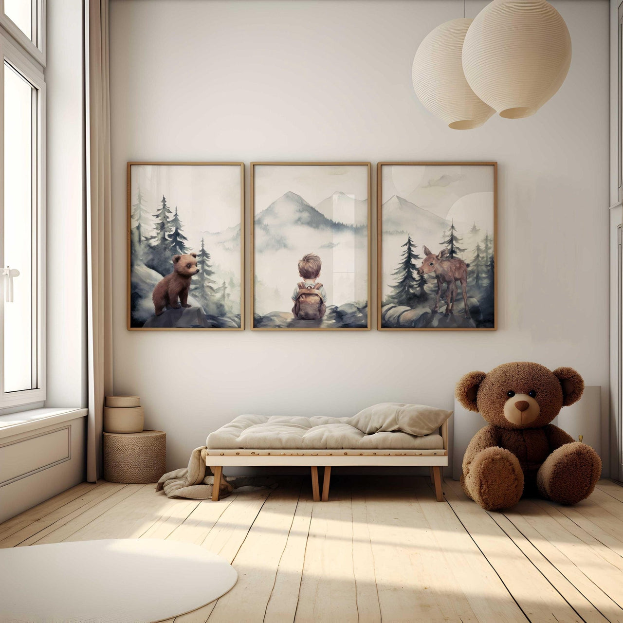 Bear & Moose Wall Art – Woodland Boys Room Print • Set of 3