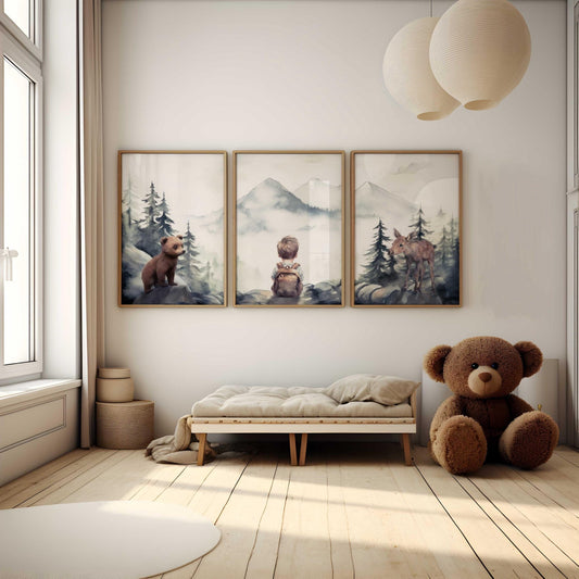 Bear & Moose Nursery Decor, Woodland Art for Boys Room, Forest Animals - WildfieldPrints