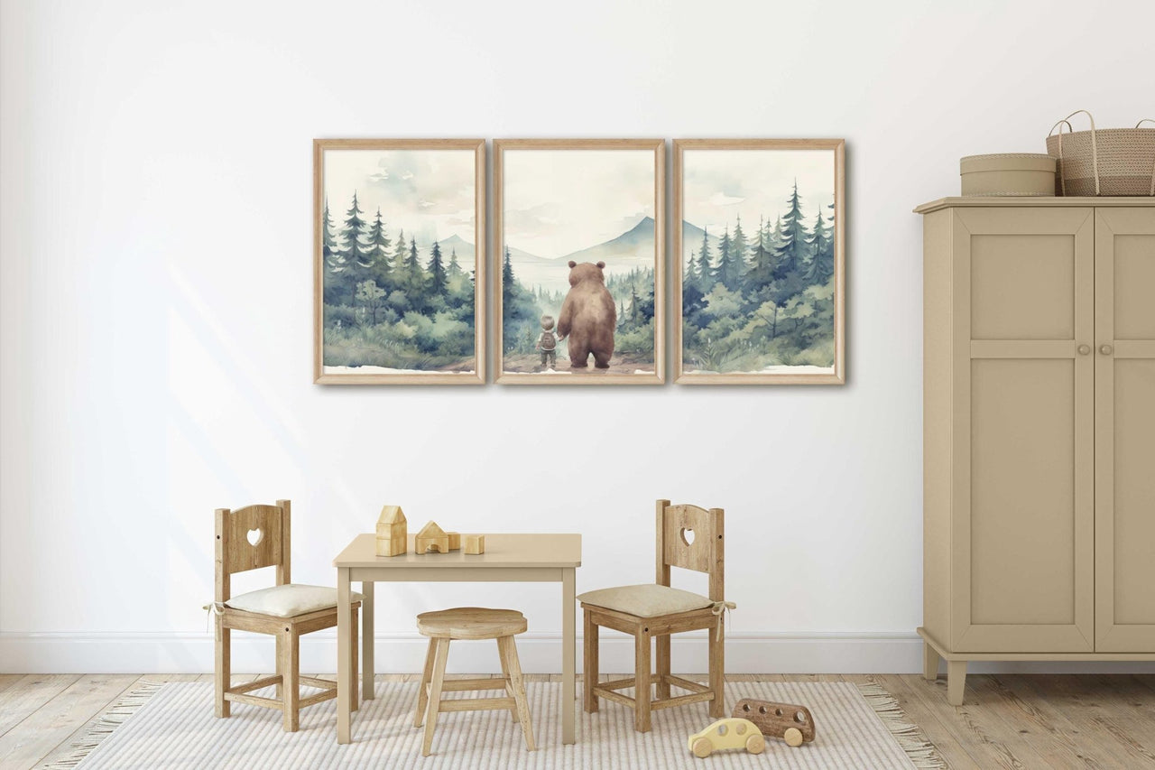 Brown Bear Wall Art – Woodland Kids Room Decor • Set of 3