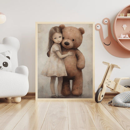 Bear Nursery Decor, Teddy Bear & Little Girl, Vintage Kids Room Art - WildfieldPrints