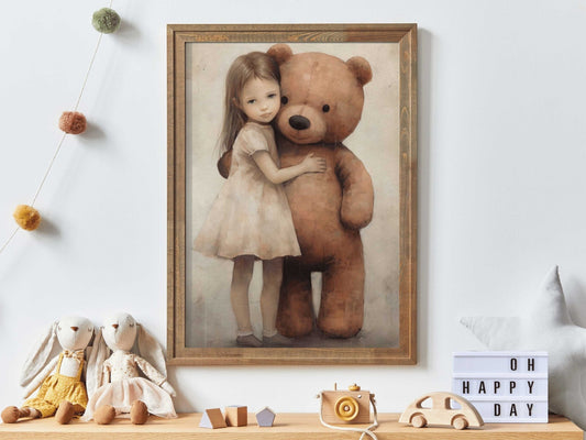 Bear Nursery Decor, Teddy Bear & Little Girl, Vintage Kids Room Art - WildfieldPrints