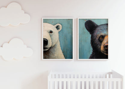 Bear Nursery Prints, Unique Vintage Wall Art for Kids, Polar & Brown Bear - WildfieldPrints