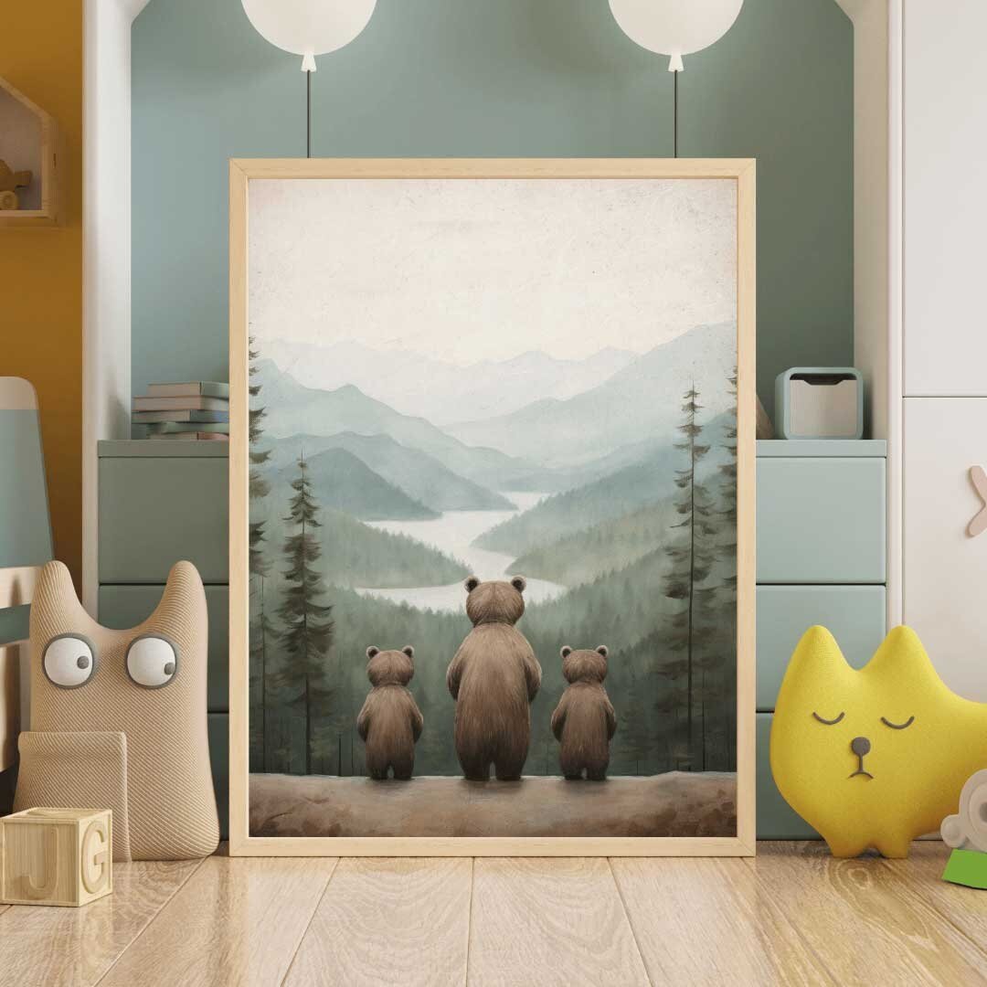 Bear Family Wall Art – Woodland Adventure Kids Room Print