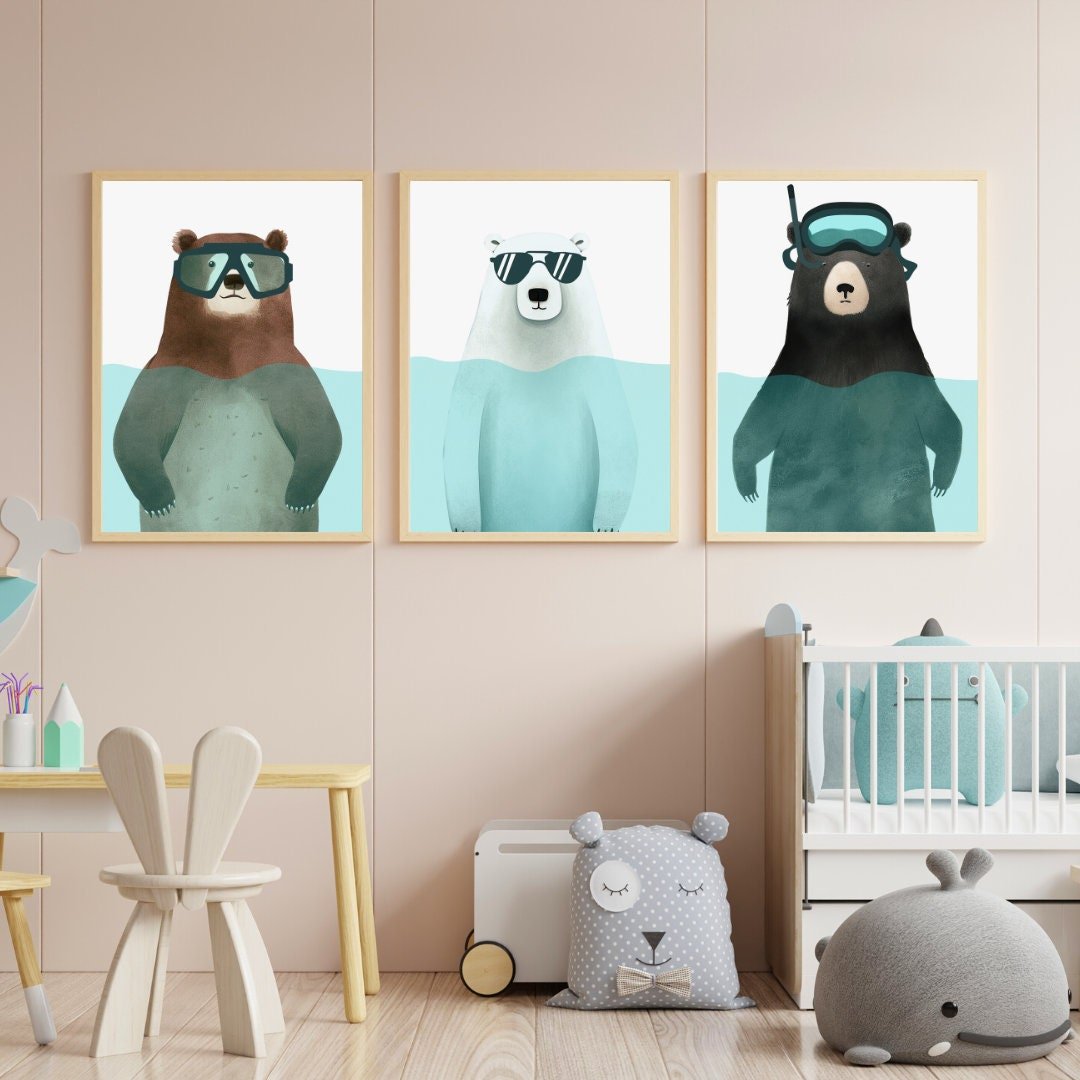 Bear Nursery Wall Art, Minimalist Watercolor Decor, Snorkeling & Sunbathing - WildfieldPrints