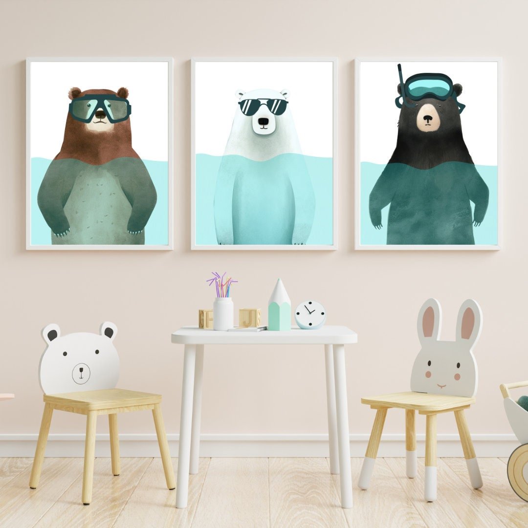 Bear Nursery Wall Art, Minimalist Watercolor Decor, Snorkeling & Sunbathing - WildfieldPrints