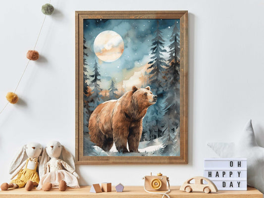 Bear Nursery Wall Art, Watercolor Forest Decor for Kids Room - WildfieldPrints