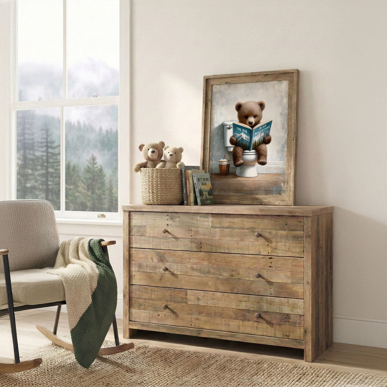 Bear Reading Book Print – Animal Kids Bathroom Decor