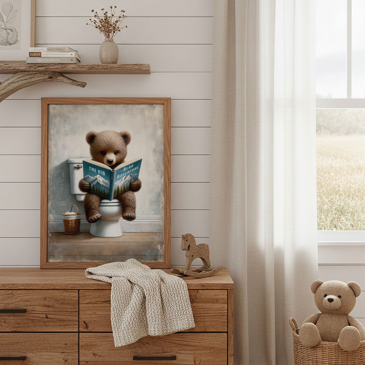 Bear Reading Book Print – Animal Kids Bathroom Decor