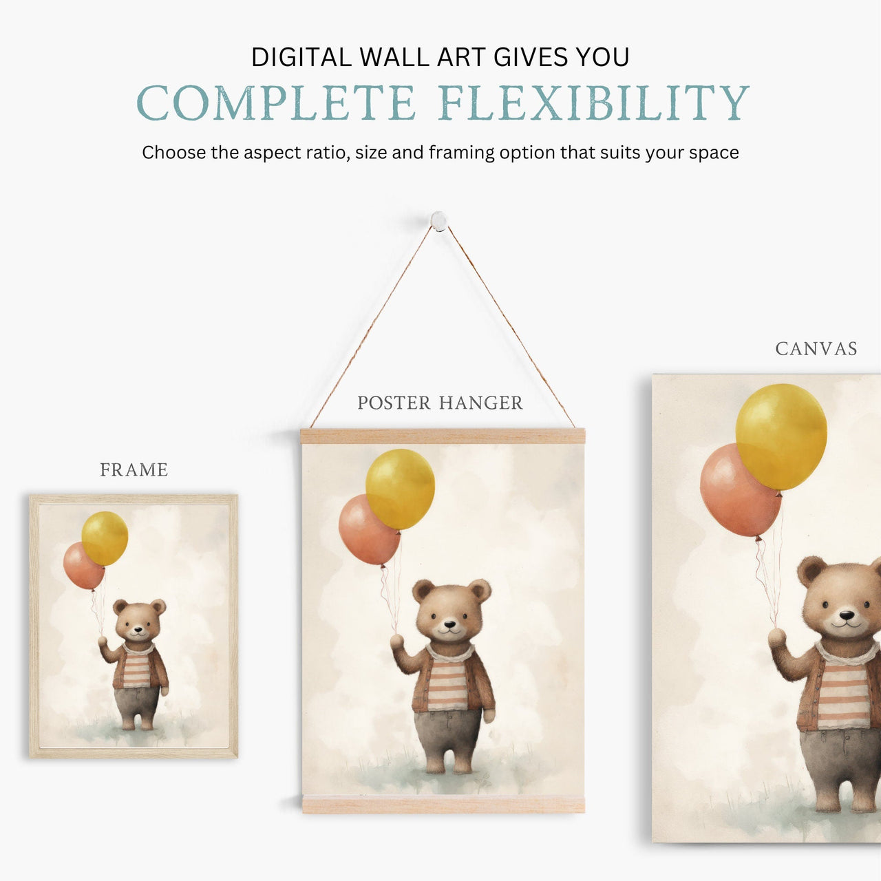 Bear with Balloons Wall Art – Animal Nursery Print
