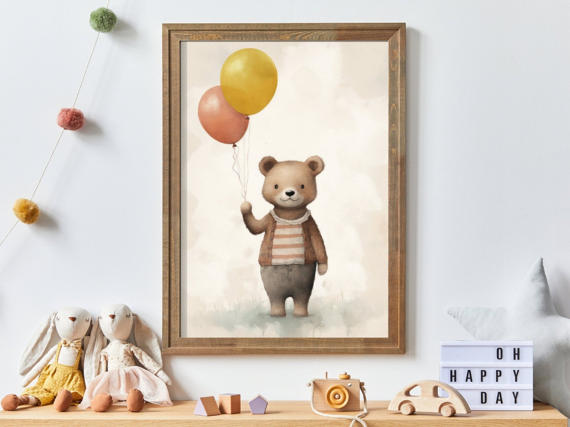 Bear with Balloons Print, Vintage Teddy Bear Nursery Decor, Animal Room Art - WildfieldPrints