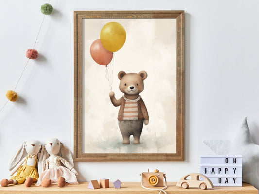 Bear with Balloons Print, Vintage Teddy Bear Nursery Decor, Animal Room Art - WildfieldPrints